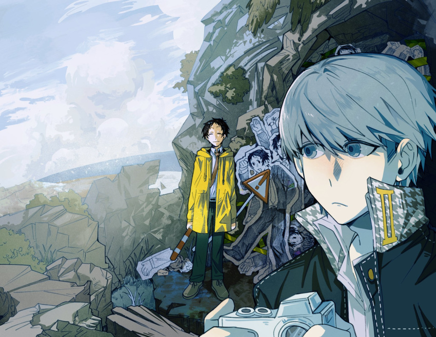 2boys, adachi_tooru, black_hair, black_pants, camera, cardboard_cutout, closed_eyes, closed_mouth, clouds, collared_shirt, day, grey_eyes, grey_hair, hashtag-only_commentary, highres, holding, holding_camera, holding_road_sign, holding_sign, houndstooth, long_sleeves, looking_to_the_side, male_focus, mbl_bg6969, multiple_boys, narukami_yu, necktie, outdoors, pants, persona, persona_4, raincoat, road_sign, school_uniform, shirt, short_hair, sign, standing, white_shirt, yasogami_school_uniform, yellow_raincoat