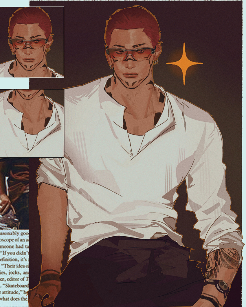 1boy, absurdres, alternate_costume, alternate_hair_color, alternate_hair_length, alternate_hairstyle, alternate_skin_color, arm_tattoo
