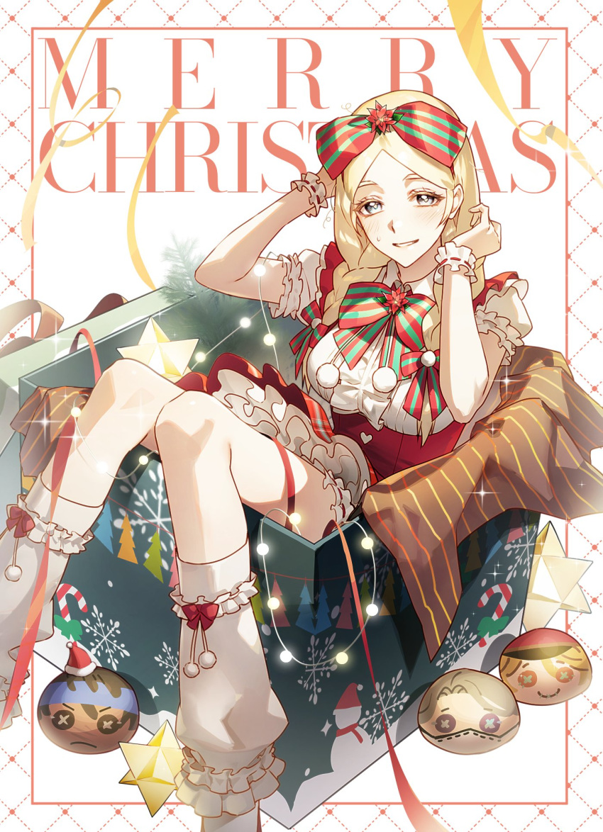 1girl, aesop_carl, anne_lester, blonde_hair, bow, bowtie, box, braid