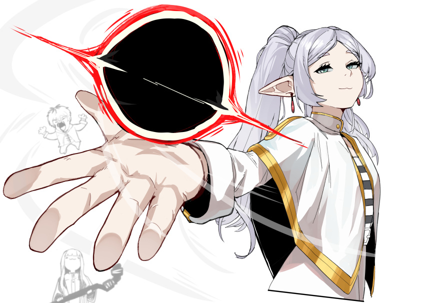1boy, 1girl, 2girls, :3, absurdres, ai-generated_art_(topic), ash_baby_(meme), black_hole, breasts, capelet, commentary, earrings, elf, english_commentary, fern, fern_(sousou_no_frieren), frieren, green_eyes, highres, jewelry, long_hair, mage_arena, meme, multiple_girls, pointy_ears, simple_background, small_breasts, smug, soolee040995, sousou_no_frieren, stark_(sousou_no_frieren), white_capelet, white_hair