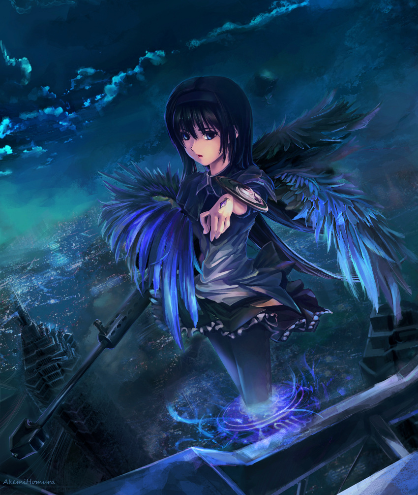 absurdres, akemi_homura, anti-material_rifle, anti-materiel_rifle, barrett_m82, black_hair, blue_eyes, city, gun, highres, long_hair, m82a1, mahou_shoujo_madoka_magica, night, pantyhose, rifle, sniper_rifle, solo, ushas, walpurgisnacht_(madoka_magica), weapon, wings