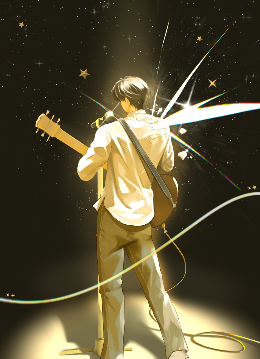1boy, absurdres, black_hair, crack, glint, guitar, highres, instrument, microphone, microphone_stand, mumovv, original, pants, shirt, solo, sparkle, standing, white_shirt
