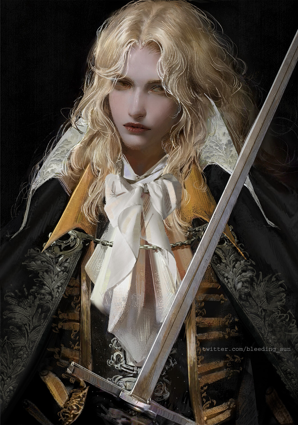 1boy, alucard_(castlevania), androgynous, ascot, black_background, black_cape, bleeding_sun, blonde_hair