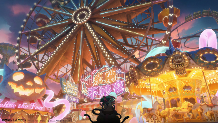 1boy, 4girls, absurdres, amusement_park, blue_hair, blue_sky, carousel, chinese_text