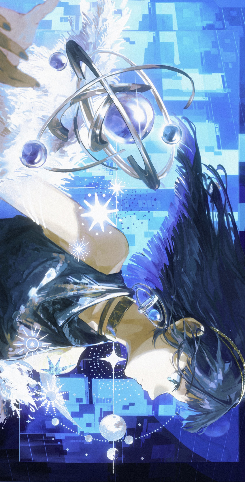 1girl, absurdres, blue_eyes, blue_hair, blue_nails, blue_theme, chinese_commentary, closed_mouth