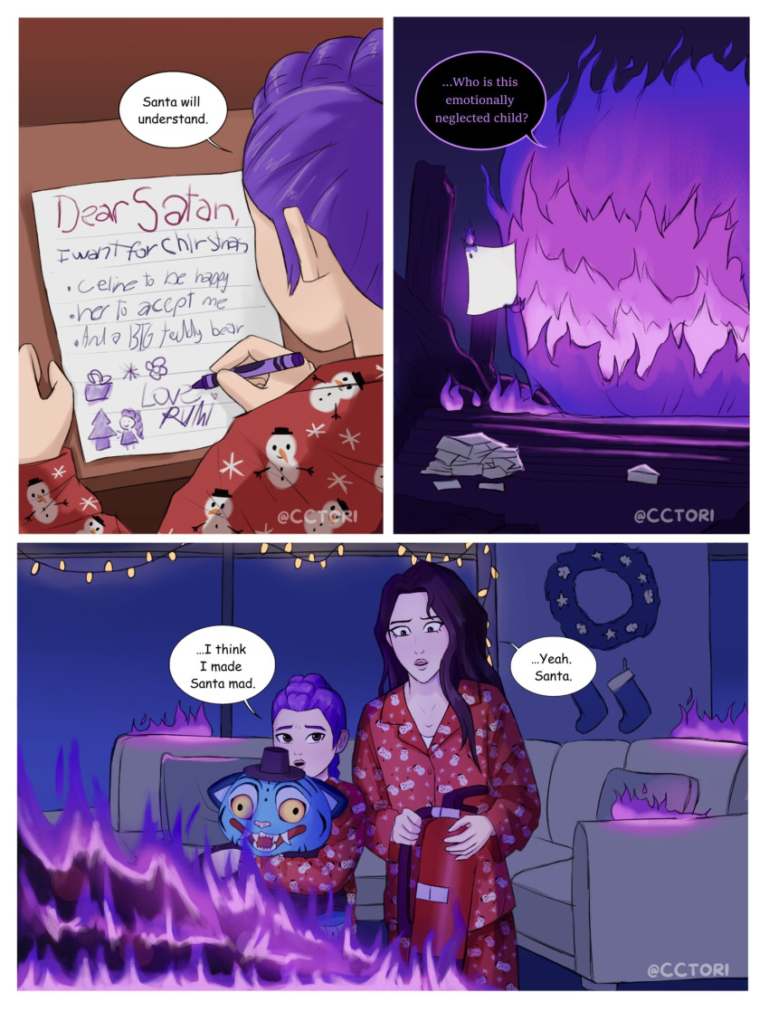 celine_(kpop_demon_hunters), child, christmas, christmas_stocking, christmas_tree, christmas_wreath, commentary, couch