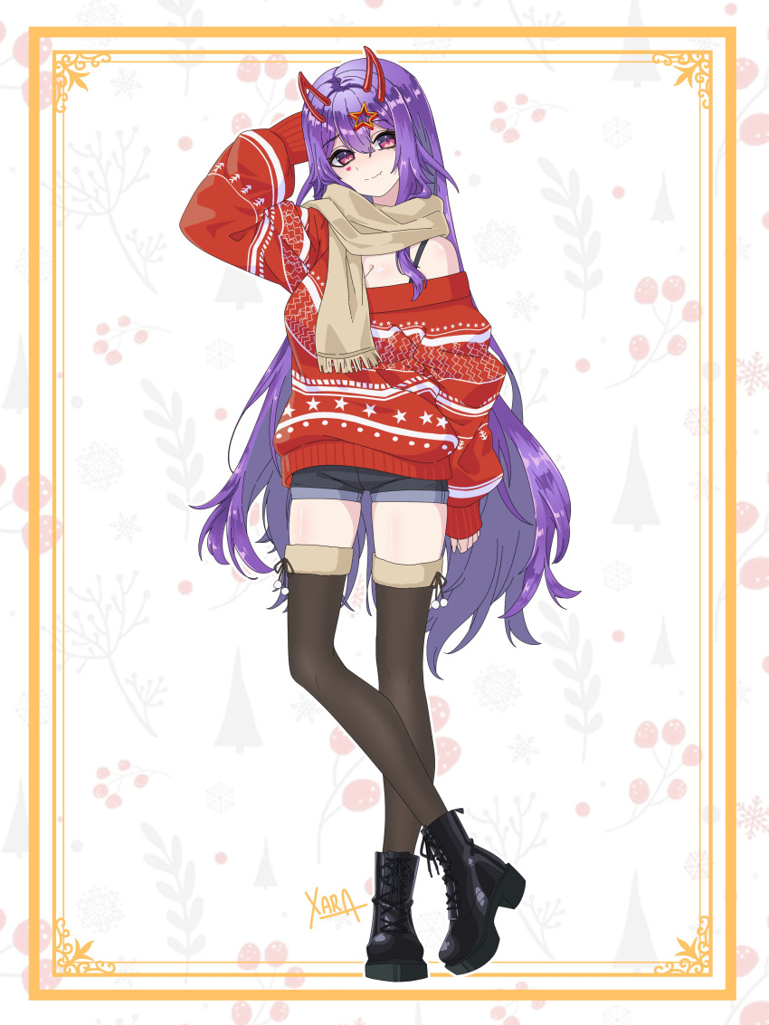 1girl, absurdres, akuma_nihmune, black_boots, black_thighhighs, blue_shorts, boots, border