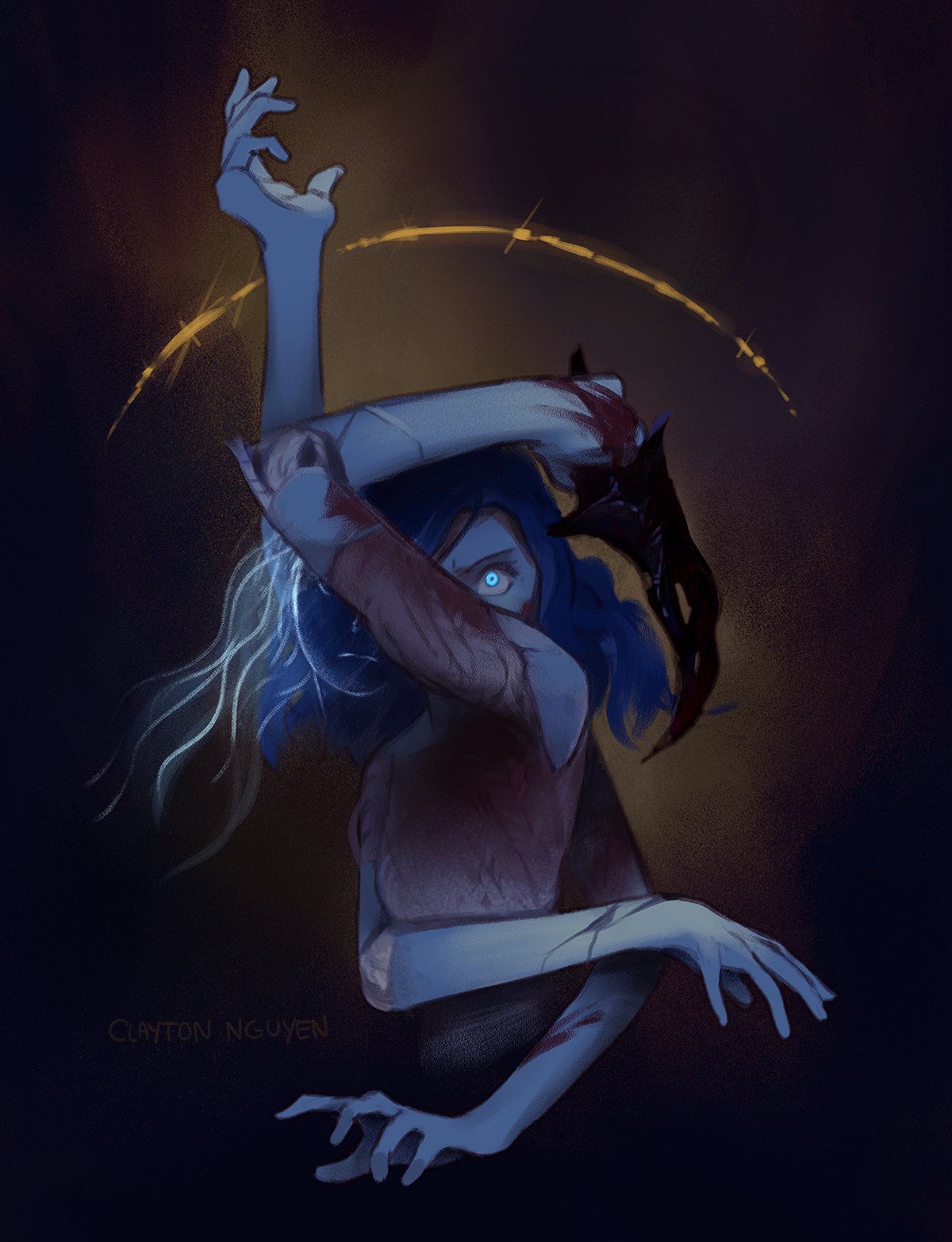 blood, blood_on_hands, blood_on_weapon, blue_eyes, blue_hair, blue_skin, claytondraws, colored_skin