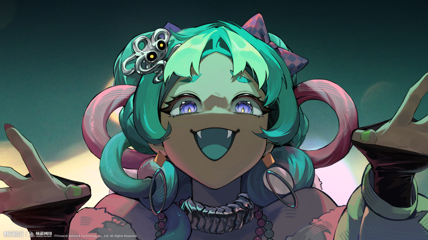 1girl, :d, absurdres, blue_eyes, blue_hair, blue_tongue, bow, claw_pose