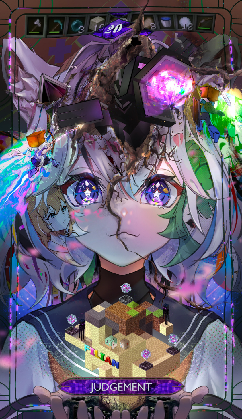 1boy, 3girls, abstract, absurdres, animal_ears, blue_eyes, blue_sailor_collar, blue_skirt