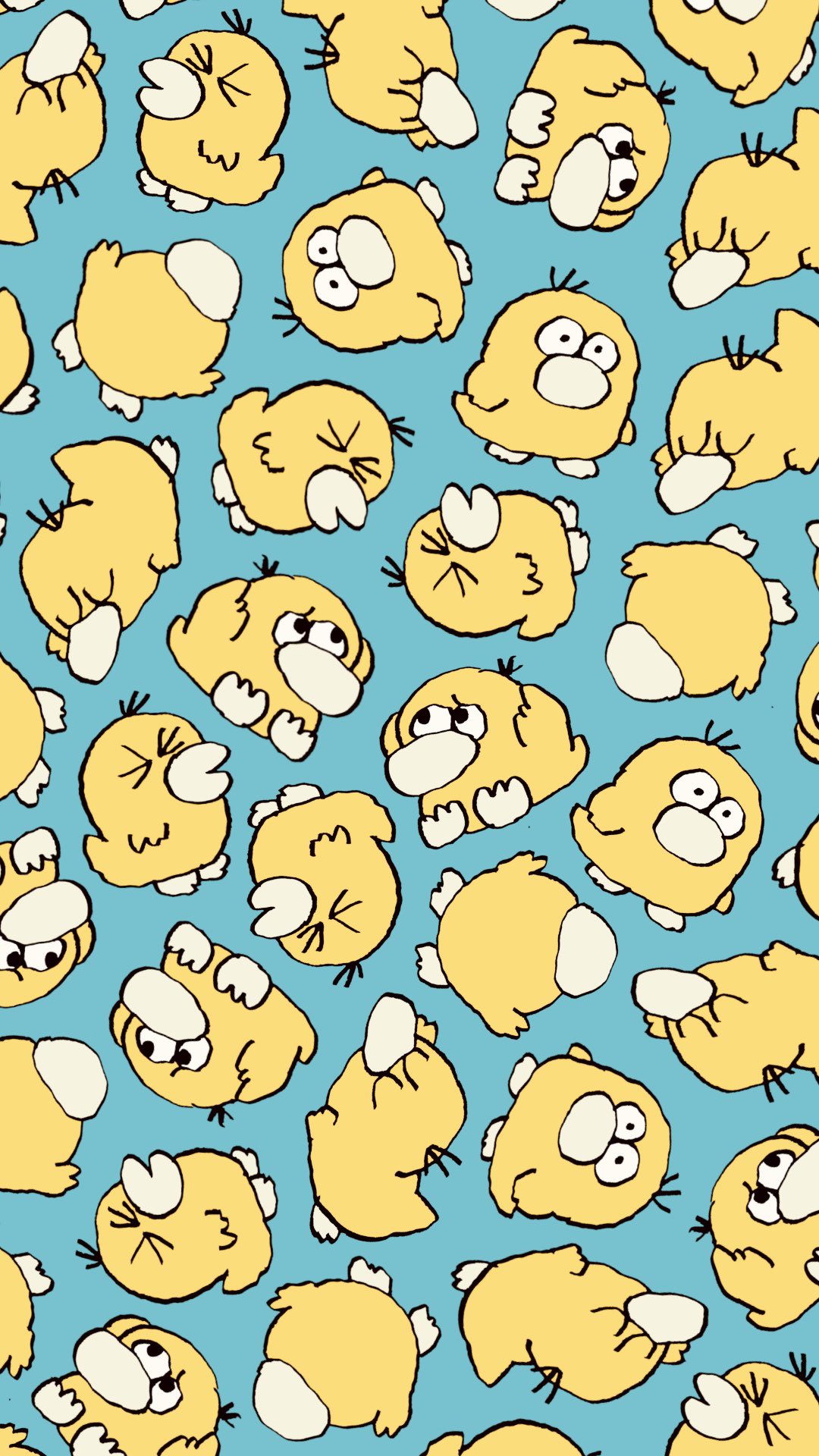 arms_up, blue_background, closed_eyes, commentary_request, hands_on_own_head, hebane, highres, looking_up, no_humans, pokemon, pokemon_(creature), pokemon_focus, psyduck, simple_background, wide-eyed