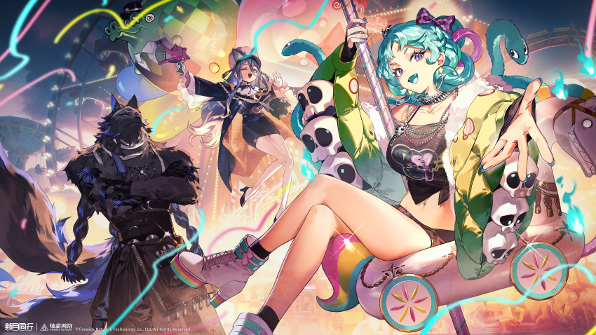 1boy, 2girls, :d, ^_^, abisi_(xinyue_tongxing), absurdres, amusement_park, animal_ear_headwear