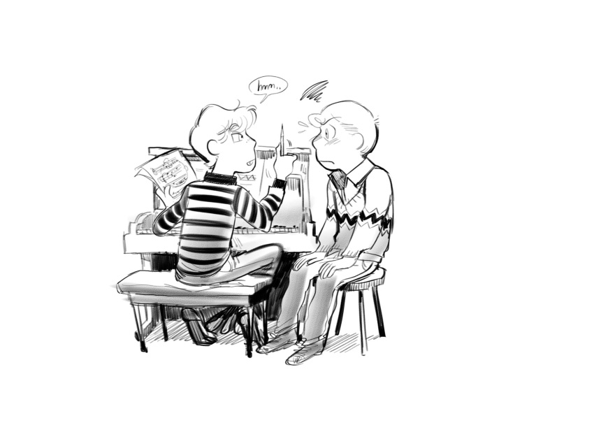 2boys, aged_up, charlie_brown, commentary, dog_sees_god, dubu274611, highres, instrument