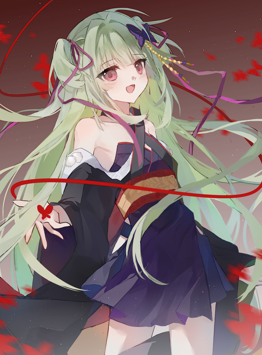 1girl, :d, absurdres, bare_shoulders, black_kimono, blunt_bangs, blush, breasts