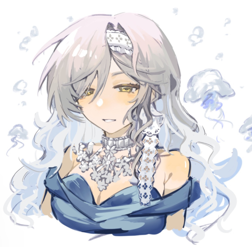 1girl, bare_shoulders, blue_dress, chinese_commentary, commentary_request, cropped_torso, dress, eternity_(reverse:1999), grin, jellyfish, long_hair, mingzhaichuan, reverse:1999, sleeveless, sleeveless_dress, smile, solo, upper_body, white_background, white_hair, yellow_eyes