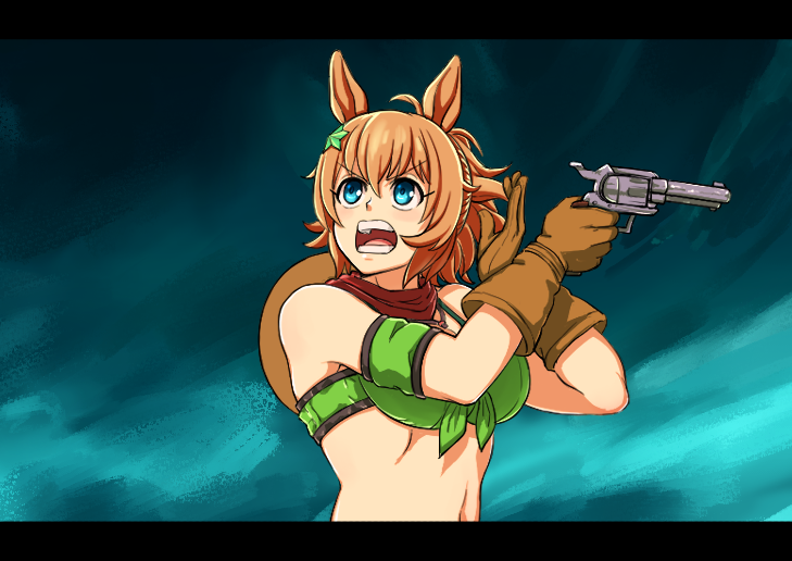 1girl, animal_ears, armband, bandana, bandeau, bare_shoulders, blue_eyes, brown_gloves
