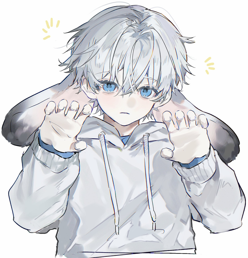 1boy, aged_down, animal_ears, arms_up, blue_eyes, blue_shirt, claw_pose, closed_mouth