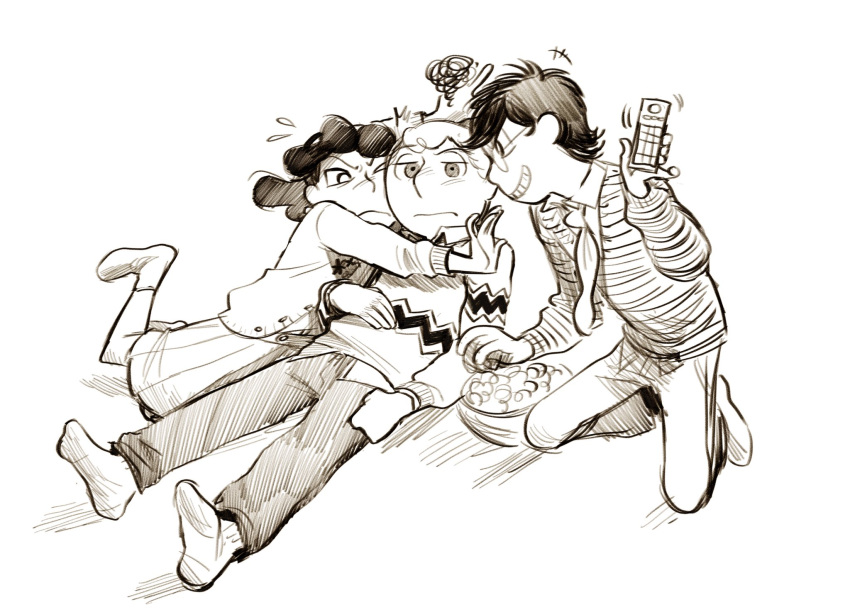 1girl, 2boys, aged_up, black_hair, blonde_hair, bowl, brother_and_sister, charlie_brown