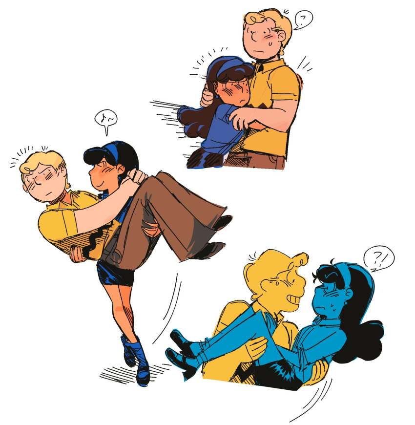 !?, 1boy, 1girl, ?, aged_up, black_hair, blonde_hair, blue_hairband