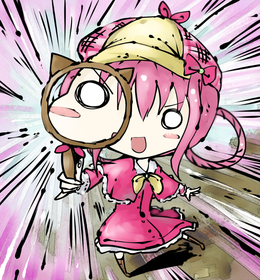 blush_stickers, bow, chibi, dress, hat, koohee, magnifying_glass, magnifying_lens, pink_hair, sherlock_shellingford, sibanoue, tantei_opera_milky_holmes