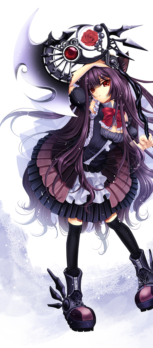 bow, dress, frills, gothic_lolita, lolita_fashion, long_hair, original, solo, tamarashi, thigh-highs, thighhighs, weapon