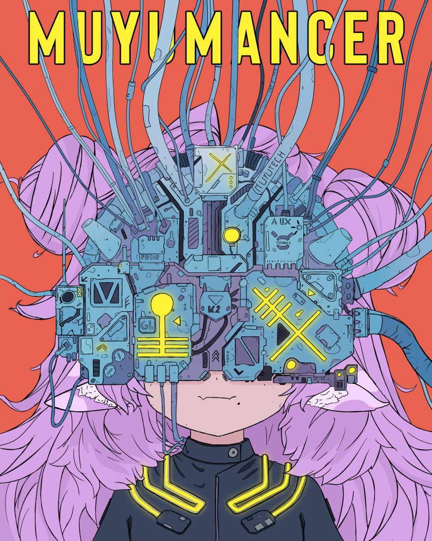 1girl, absurdres, animal_ears, bodysuit, cow_ears, cyberpunk, double_bun, erwinwitch50196