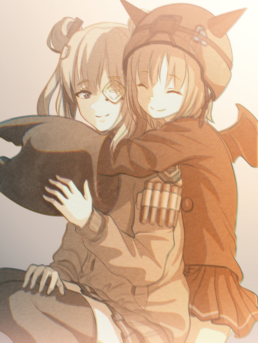 2girls, absurdres, black_skirt, black_thighhighs, bungo_yayoi, closed_mouth, commentary, cowboy_shot, crab_claw, double_bun, eyepatch, fake_horns, fake_pincers, film_grain, from_side, grey_hair, hair_bun, happy, heaven_burns_red, helmet, highres, horned_helmet, horns, hug, hug_from_behind, kepekki_kanojo, long_sleeves, looking_at_viewer, medium_hair, miniskirt, multiple_girls, one_eye_covered, pleated_skirt, sepia, short_hair, sitting, skirt, smile, split_mouth, thigh-highs, violet_eyes, yamawaki_bon_ivar, zettai_ryouiki