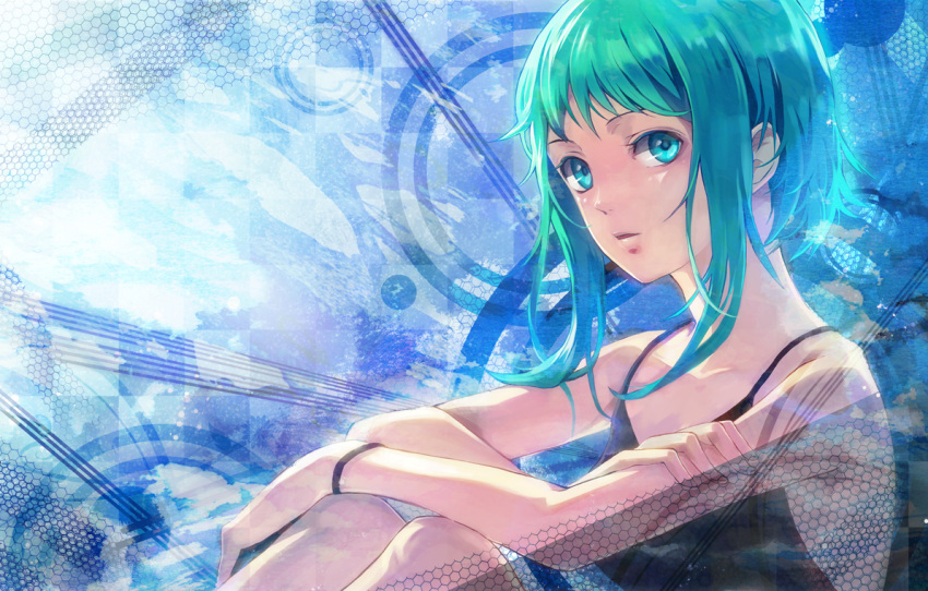 bare_shoulders, bust, casual, green_eyes, green_hair, gumi, just_a_game_(vocaloid), koromono