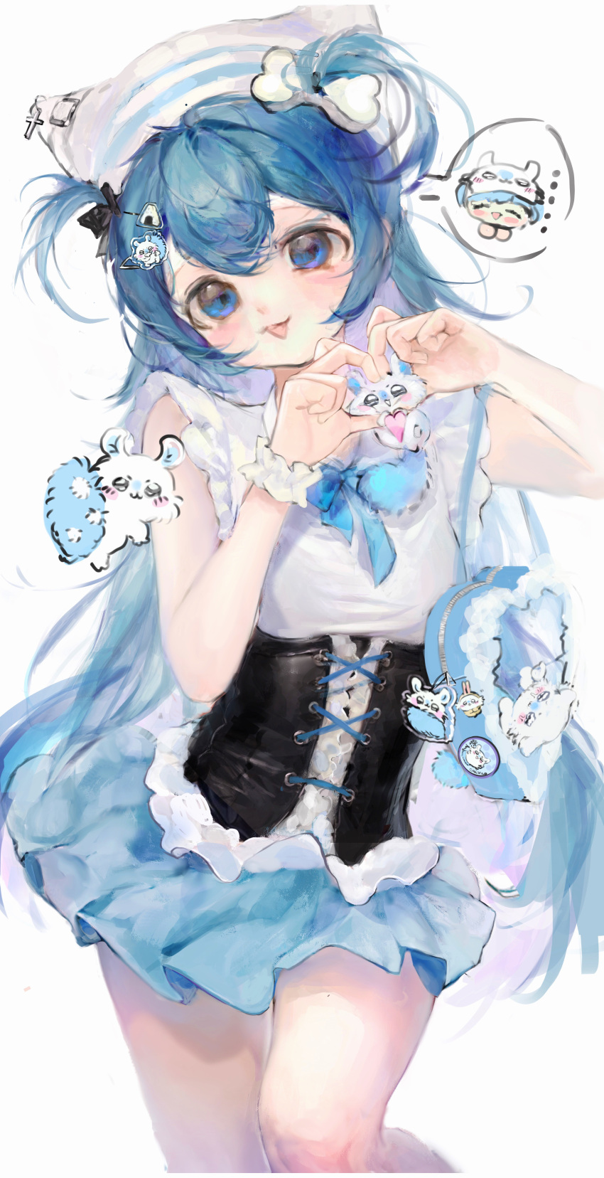 1girl, absurdres, animal_hat, bag_charm, black_corset, blue_bag, blue_eyes, blue_hair, blue_skirt, blush, bone_hair_ornament, cameo, cat_hat, character_hair_ornament, charm_(object), chiikawa, corset, cowboy_shot, cross, dress, food-themed_hair_ornament, hair_between_eyes, hair_ornament, hat, hat_charm, heart, heart-shaped_bag, heart_hands, highres, itabag, looking_at_viewer, momonga_(chiikawa), onigiri_hair_ornament, open_mouth, original, painterly, ruffian439, simple_background, skirt, solo, tenshi_kaiwai, two_side_up, white_background, white_dress, yabi_fashion