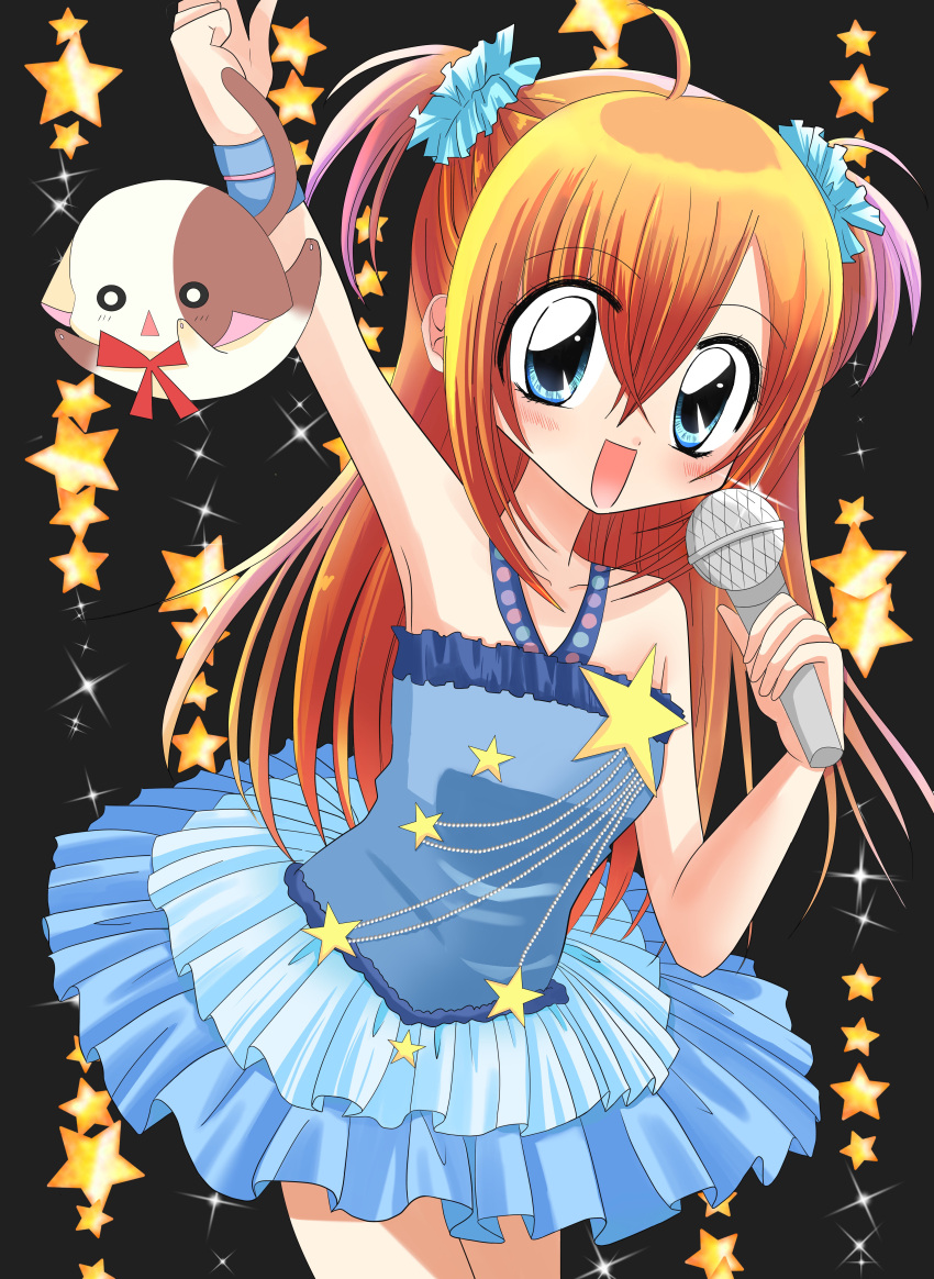 1girl, 2000s_(style), :d, absurdres, ahoge, arm_up, black_background, blue_dress