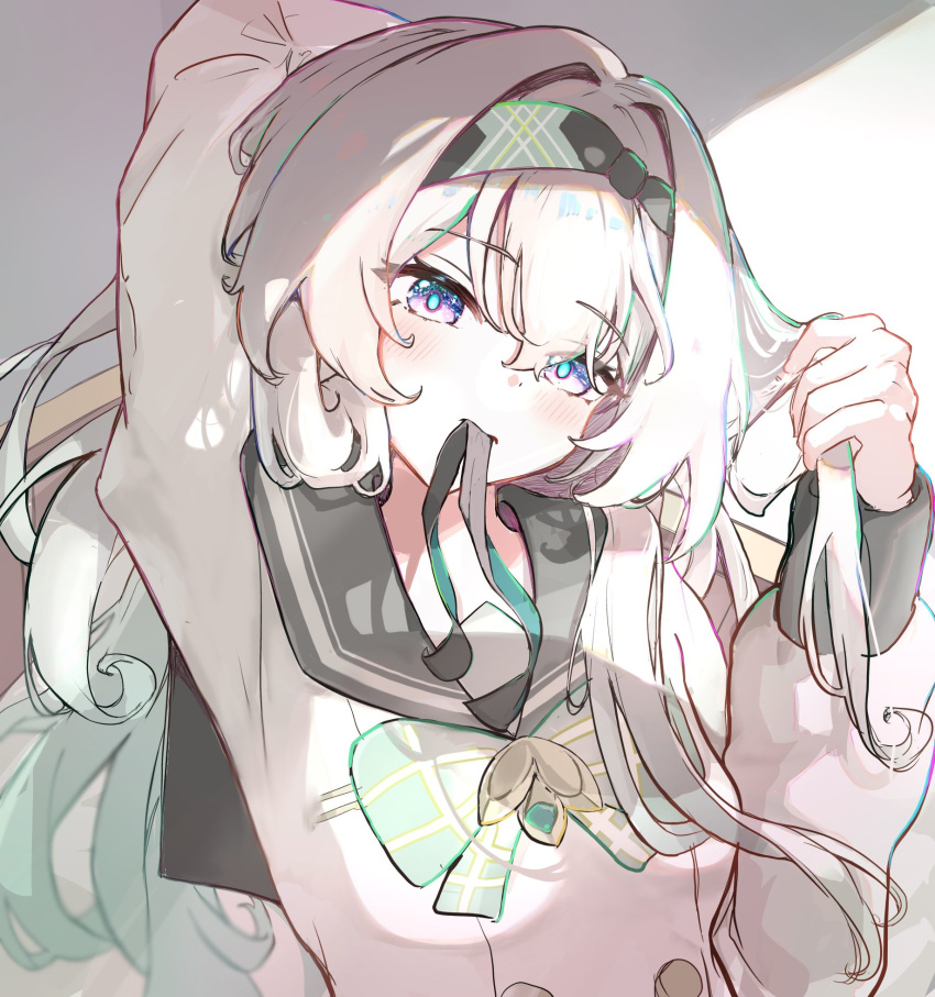 1girl, aqua_bow, aqua_bowtie, aqua_hair, arm_up, bow, bowtie, breasts