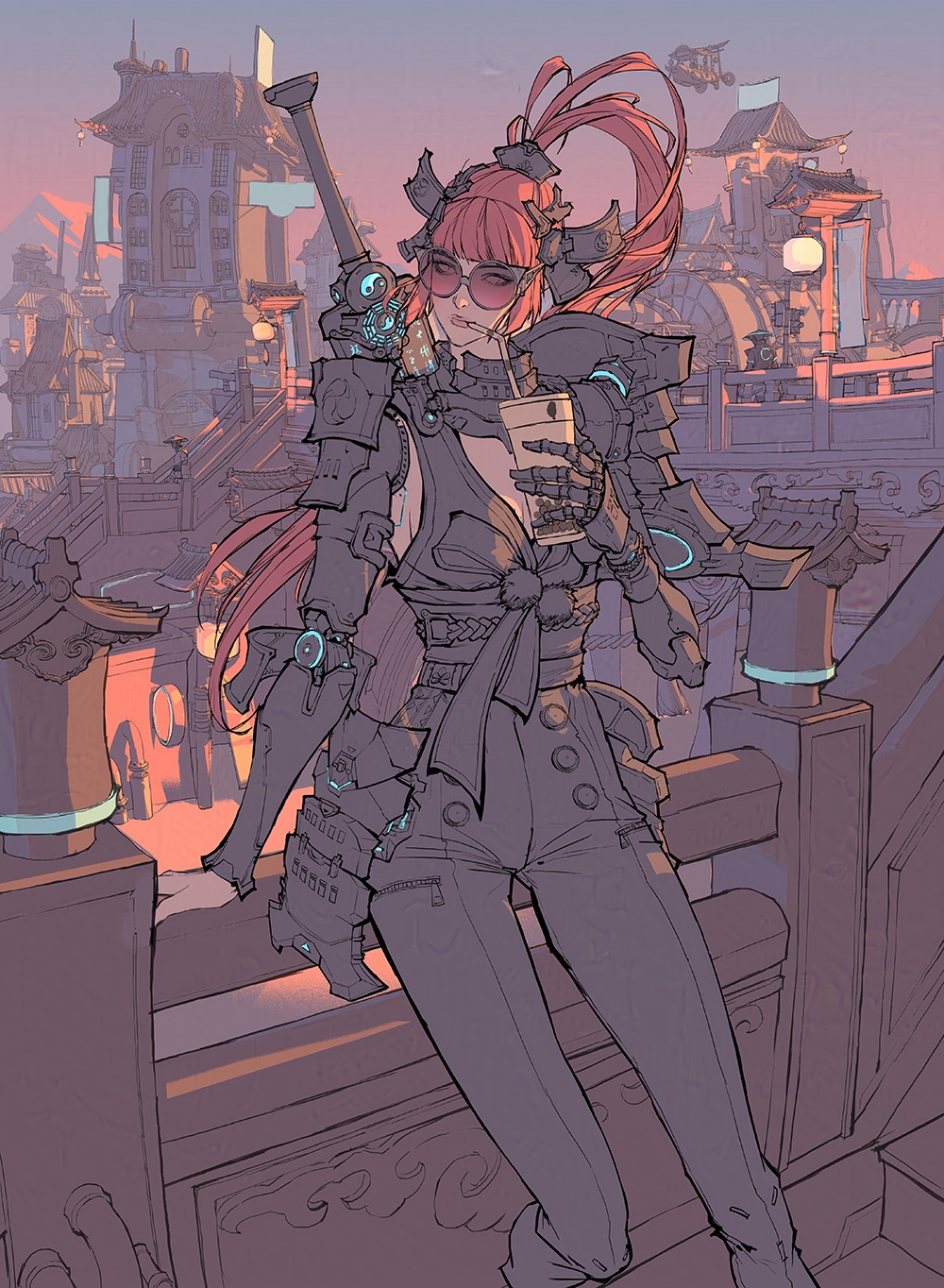 2024, against_railing, architecture, arm_at_side, arm_support, armor, artist_name, black_pants, black_ribbon, black_rope, black_sash, black_tank_top, black_trim, blunt_bangs, breasts, bridge, bubble_tea, city, clouds, commentary, copyright_notice, cup, cyberpunk, cyborg, dated, day, disposable_coffee_cup, disposable_cup, drinking, drinking_straw, drinking_straw_in_mouth, east_asian_architecture, emblem, english_commentary, eyes_visible_through_eyewear, feet_out_of_frame, floating_clothes, hair_ornament, hand_up, high_ponytail, highres, hip_armor, holding, holding_cup, japanese_armor, leaning, long_hair, looking_to_the_side, mechanical_arms, mechanical_collar, medium_breasts, mountainous_horizon, orange-tinted_eyewear, orange_hair, orange_lips, original, outdoors, pants, pom_pom_(clothes), ponytail, railing, redesign, ribbon, river, rope, rope_around_waist, round_eyewear, samurai, sash, science_fiction, shoulder_armor, sideboob, sidelocks, sky, stairs, standing, steampunk, sword, sword_on_back, taiwan, tank_top, tinted_eyewear, turning_head, unfinished, waist_ribbon, water, weapon, weapon_on_back, yin_yang, yu_cheng_hong, zipper