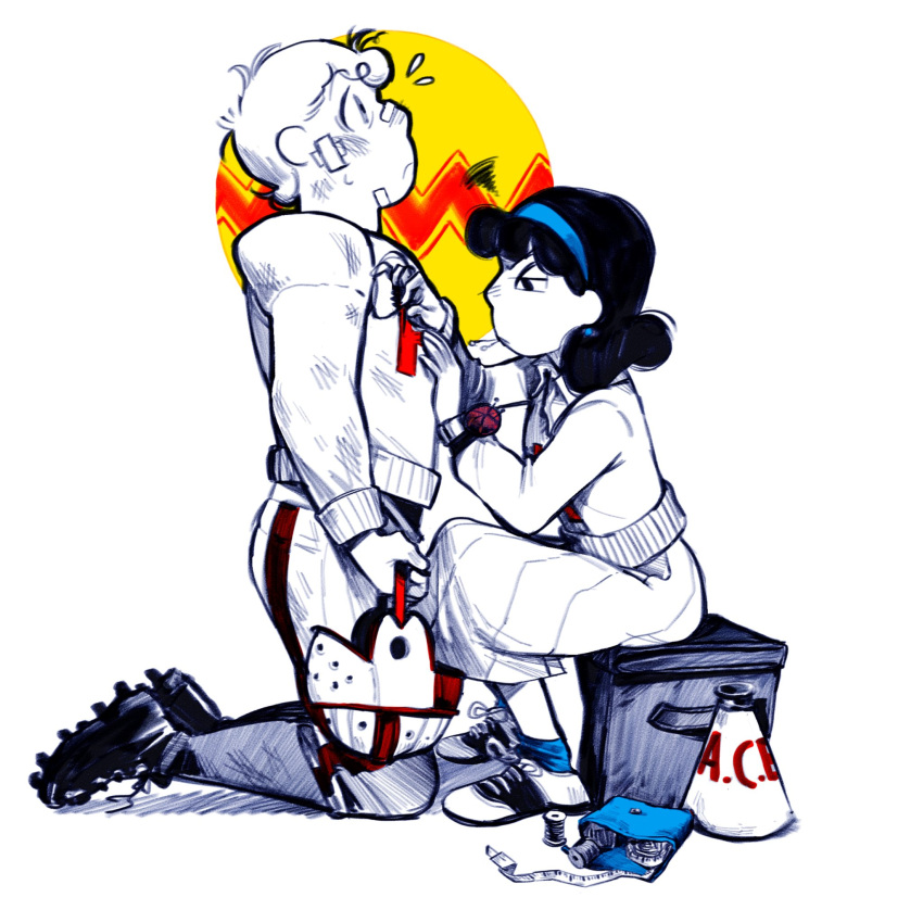 1boy, 1girl, aged_up, american_football_helmet, american_football_uniform, bandaid, bandaid_on_face, bandaid_on_nose