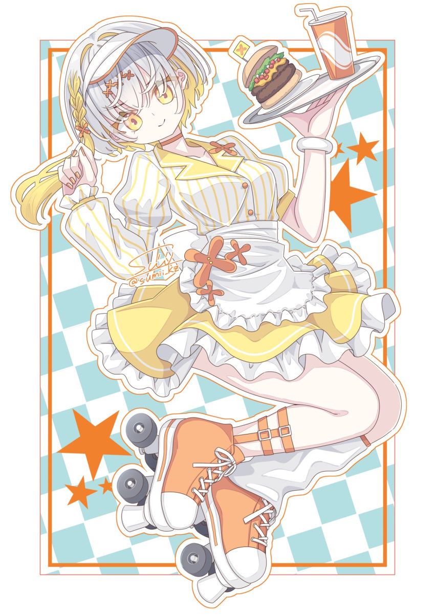 1girl, apron, asymmetrical_sleeves, blonde_hair, bracelet, braid, breasts, burger
