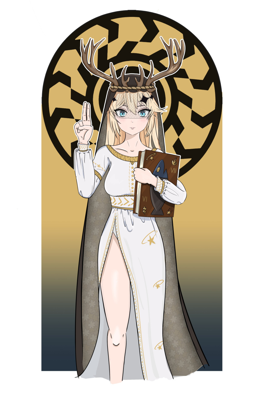 1girl, absurdres, antlers, black_sun_(symbol), blonde_hair, blue_eyes, book, breasts