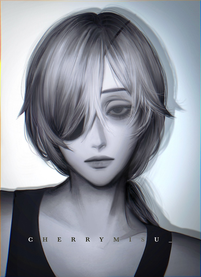 1girl, black_eyes, black_tank_top, chainsaw_man, cherrymisu, closed_mouth, collarbone, commentary