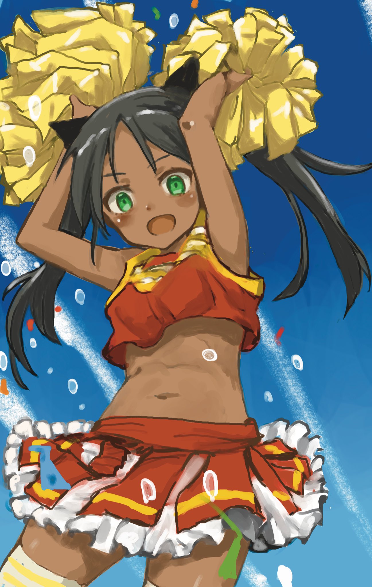 1girl, alternate_costume, animal_ears, black_hair, blush, cat_ears, cat_girl, cheerleader, clouds, cloudy_sky, dark-skinned_female, dark_skin, feet_out_of_frame, francesca_lucchini, green_eyes, happy, highres, holding, long_hair, murayama_kei, navel, open_mouth, pom_pom_(cheerleading), red_skirt, skirt, sky, solo, standing, strike_witches, thigh-highs, twintails, white_thighhighs, world_witches_series