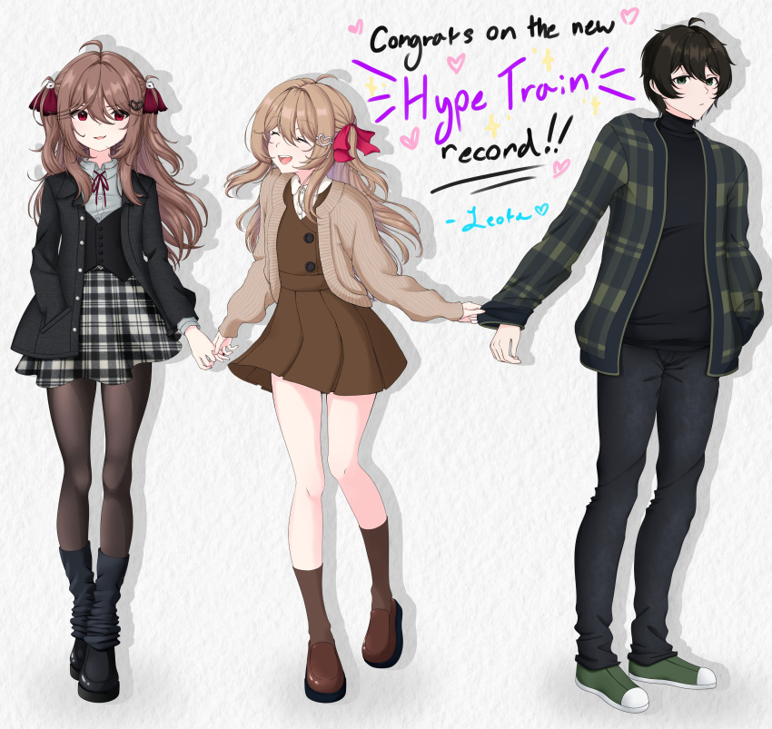 1boy, 2girls, :d, absurdres, ahoge, alternate_costume, black_hair, black_jacket