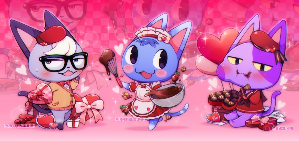 1girl, 2boys, :3, animal_crossing, animal_crossing:_new_horizons, animal_ears, baking, balloon