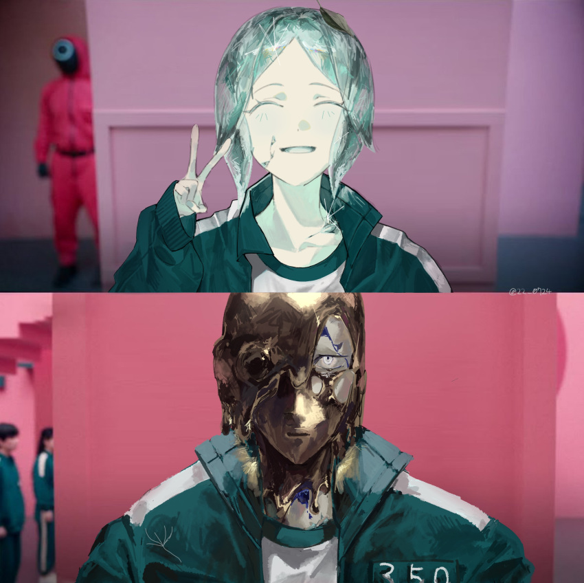 2others, 404-chan_(22_0724), ^_^, absurdres, aqua_hair, before_and_after, closed_eyes, commentary