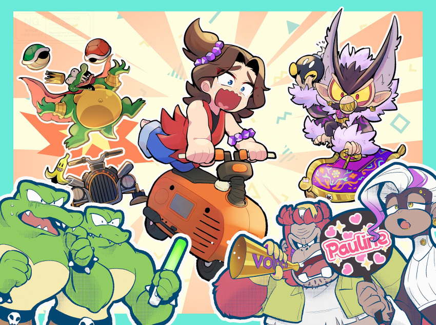 banana_peel, blue_border, blue_eyes, bob-omb, border, brown_hair, character_name, colored_sclera