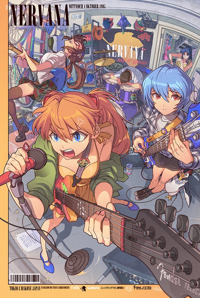 1boy, 4girls, amplifier, ayanami_rei, barcode, bass_guitar, beer_can, blue_eyes