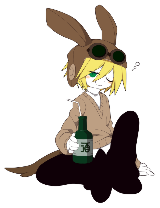 1boy, black_pants, black_shoes, blonde_hair, blush, bottle, brown_sweater_vest, closed_mouth, colored_skin, drunk, funamusea, funamusea_(artist), goggles, goggles_on_headwear, greeen_891, hair_between_eyes, hat, holding, holding_bottle, looking_at_viewer, official_art, pants, robust_(funamusea), shirt, shoes, smile, squeans, sweater_vest, tail, turtleneck, white_background, white_shirt, white_skin