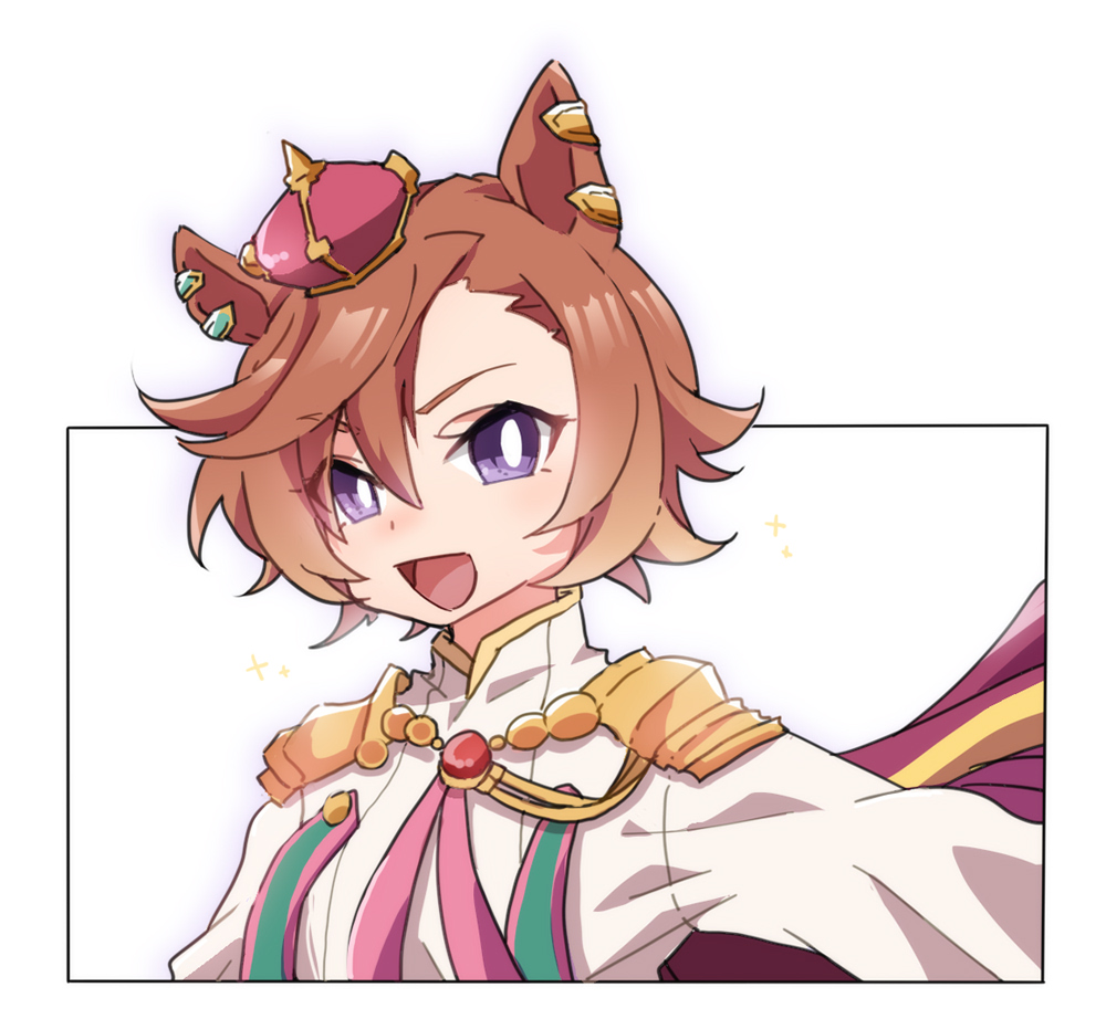 1girl, :d, animal_ears, beer_hsk, brown_hair, crown, hair_between_eyes, horse_ears