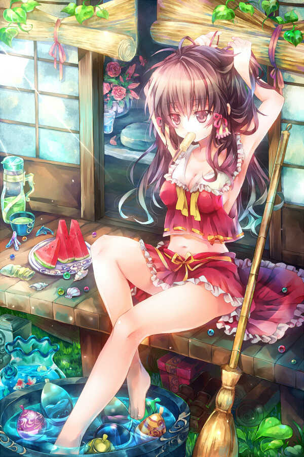 adapted_costume, armpits, arms_behind_head, arms_up, bamboo_broom, bare_legs, barefoot, bouquet