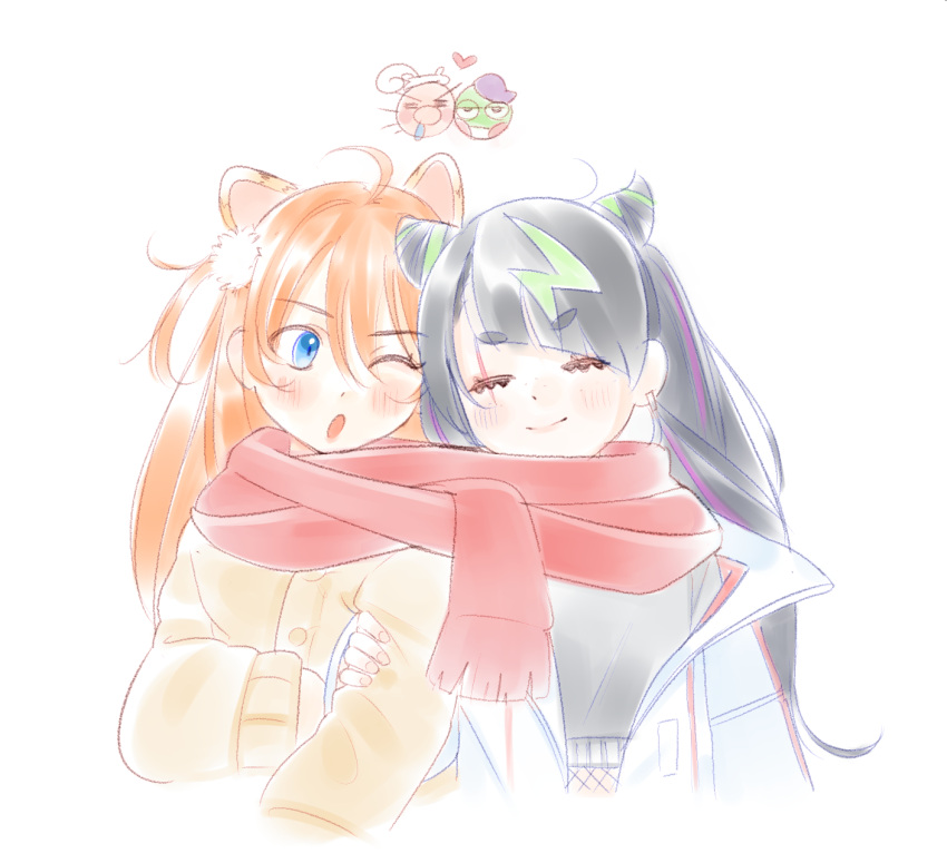 2girls, 3am, ;o, ahoge, alt_text, animal_ears, black_hair, blue_eyes