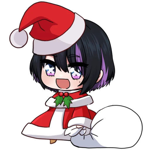 1girl, :d, bag, black_hair, blush, capelet, chibi, christmas, dress, full_body, fur-trimmed_capelet, fur-trimmed_dress, fur-trimmed_headwear, fur_trim, hair_between_eyes, hat, hikka_(oc), hikka_(website), holding, holding_bag, korzynka_persykiv, long_hair, long_sleeves, looking_at_viewer, meme, mole, mole_on_cheek, multicolored_hair, open_mouth, padoru_(meme), purple_hair, purple_streaks, red_capelet, red_dress, sack, santa_costume, santa_hat, short_hair, smile, solo, sticker, transparent_background, two-tone_hair, violet_eyes, x_x