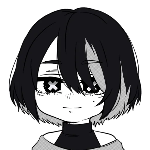 1girl, bags_under_eyes, black_hair, black_shirt, blue_trim, collared_shirt, greyscale, hair_between_eyes