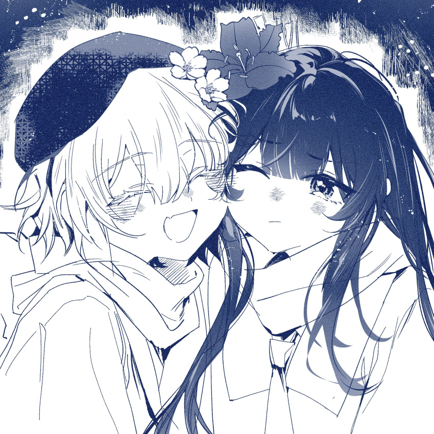 2girls, :d, alternate_costume, beret, cheek-to-cheek, closed_eyes, commentary_request, fang