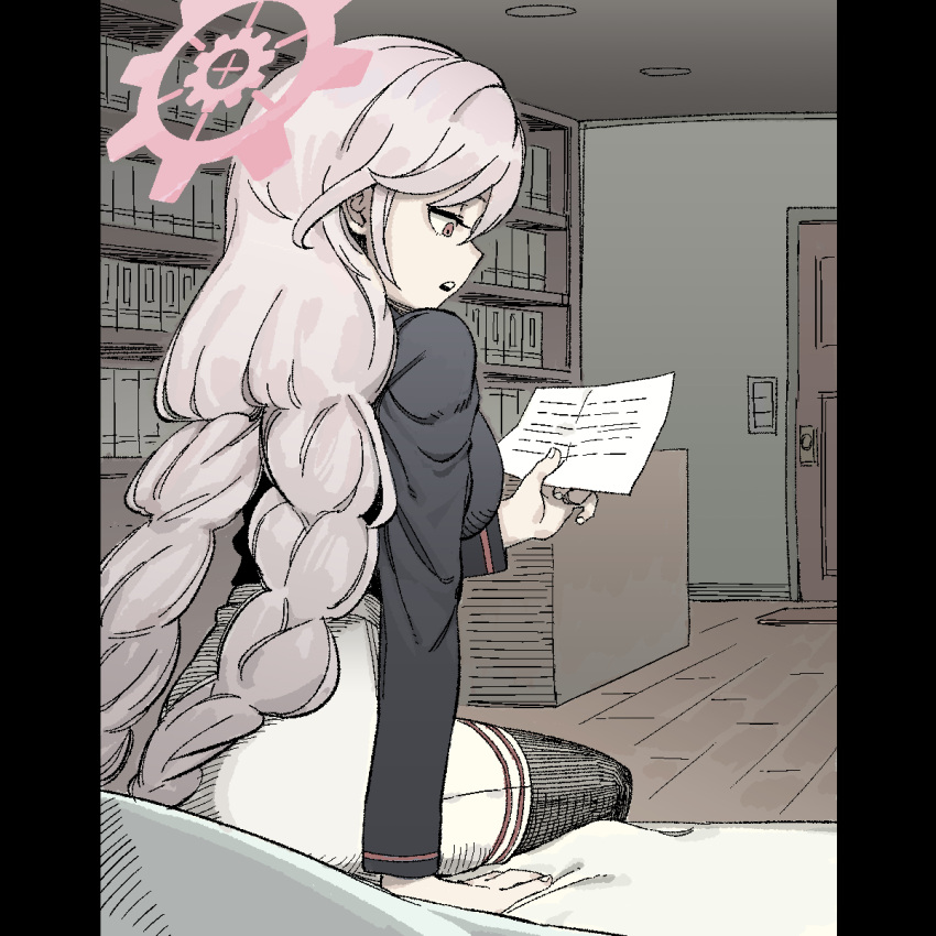 1girl, black_pantyhose, black_shirt, blue_archive, bookshelf, braid, breasts, from_behind